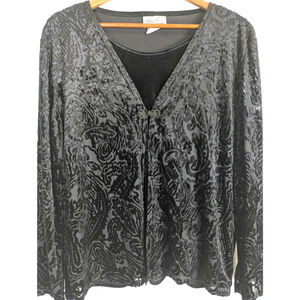 Vtg Velvet Burnout Top Paisley Black 1990s Semi Sheer Frog Clasp Evening Large